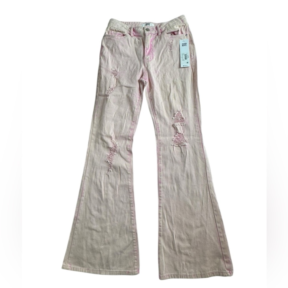 Madden NYC Women’s Pink Distressed Flare Jeans Size‎ 5 NWT